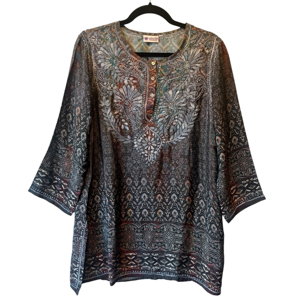 Sevya tunic top L Silk blouse Embroidered Handmade in India Womens Long sleeve